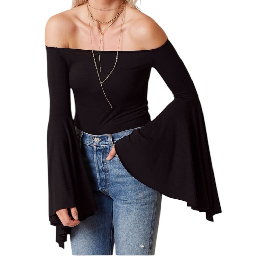 Free People We The Free Black Birds of Paradise Off Shoulder Long Bell Sleeve M